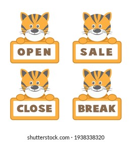 Open and closed board signs, baby tiger. Vector icons illustration.