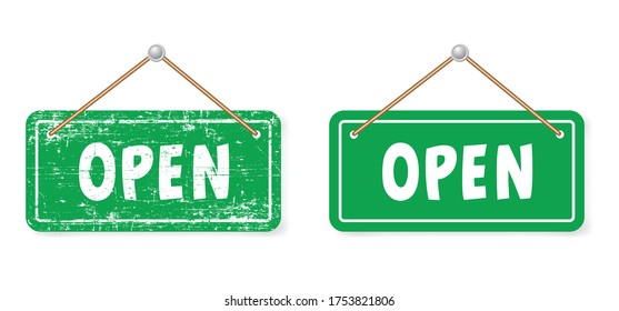 Open and closed board signs The sign is openly close, green and red label Vector hanging tags icons Come In, We're or We are Open Sorry we're closed signboard office or store market old door icons 