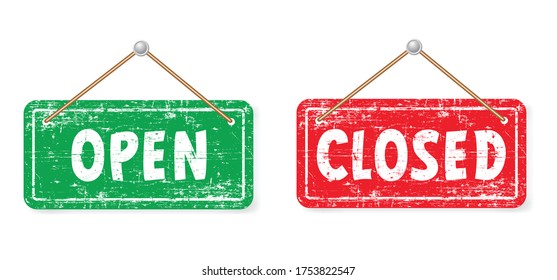 Open and closed board signs The sign is openly close, green and red label Vector hanging tags icons Come In, We're or We are Open Sorry we're closed signboard office or store market old door icons 