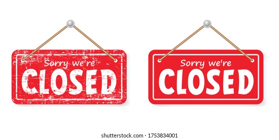 Open and closed board signs The sign is openly close, green and red label Vector hanging tags icons Come In, We're or We are Open Sorry we're closed signboard office or store market old door icons 