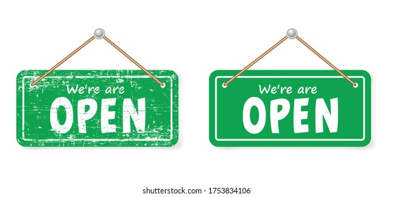 Open and closed board signs The sign is openly close, green and red label Vector hanging tags icons Come In, We're or We are Open Sorry we're closed signboard office or store market old door icons 