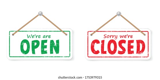 Open and closed board signs The sign is openly close, green and red label Vector hanging tags icons Come In, We're or We are Open Sorry we're closed signboard office or store market old door icons 