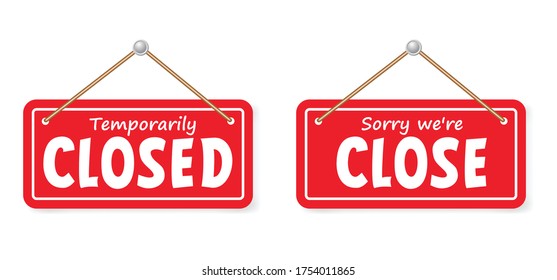 Open and closed board signs The sign is openly close, green and red label Vector hanging tags icons Come In, We're or We are Open Sorry we're closed signboard office or store market old door icons 