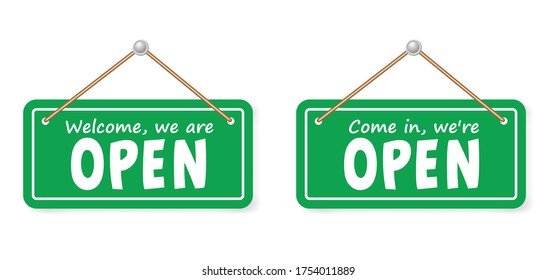 Open and closed board signs The sign is openly close, green and red label Vector hanging tags icons Come In, We're or We are Open Sorry we're closed signboard office or store market old door icons 