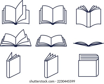 Open and closed book Collection illustration, side perspective drawing vector set icons, minimal side close notebook. 
