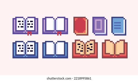 Open and closed book pixel art set. Textbook collection. Ancient folio. 8 bit sprite. Game development, mobile app.  Isolated vector illustration.