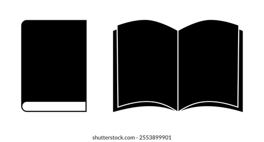 Open and closed book silhouettes. Library pictograms isolated on white background. Bookstore signs. Learning, reading or getting information concept. Vector graphic illustration.