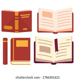 Open and closed book sticker set on white isolated backdrop. Diary for invitation or gift card, notebook, bath tile, scrapbook. Phone case or cloth print art. Flat style stock vector illustration
