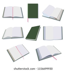 Libros abiertos y cerrados, diarios, notas vectoriales iconos fijos establecidos en fondo blanco.