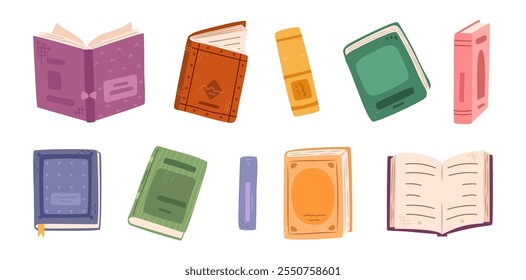 Open and closed books with empty blank covers. Vector in flat style, isolated set of library textbooks for school, education or personal growth. Literature for leisure, fiction and novels to read