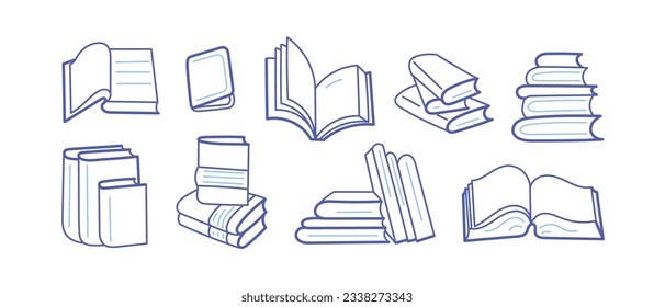 Dibujo de la línea de libros abiertos y cerrados. Colección gráfica aislada en fondo blanco. Biblioteca, lección en la escuela, conferencia en la universidad