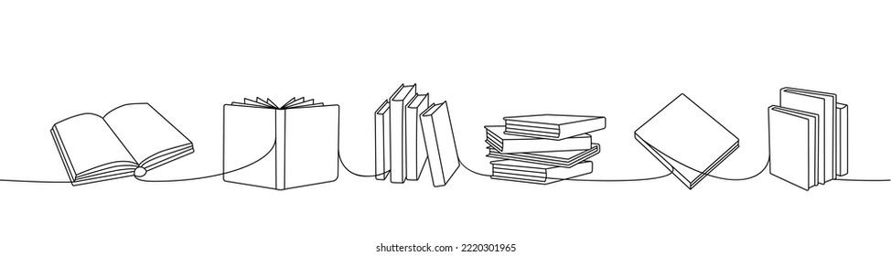 Open and closed books one line continuous drawing. Bookstore, library continuous one line illustration. Vector minimalist linear illustration.