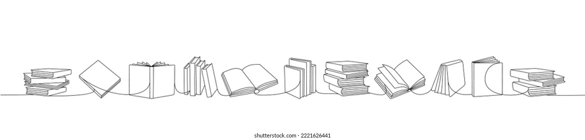 Open and closed books one line continuous drawing. Bookstore, library continuous one line illustration. Vector minimalist linear illustration.