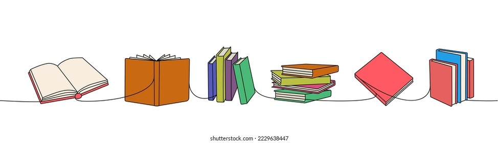 Libros abiertos y cerrados de una línea de dibujo continuo coloreado. Librería, biblioteca continua de una línea de ilustración colorida. Ilustración lineal vectorial.