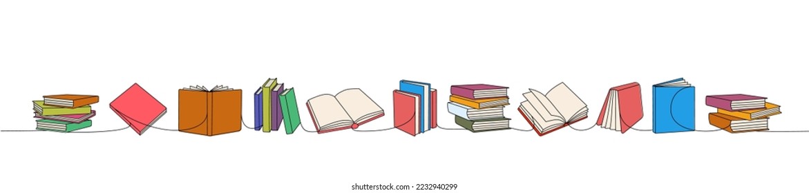Libros abiertos y cerrados de una línea de dibujo continuo coloreado. Librería, biblioteca continua de una línea de ilustración colorida. Ilustración lineal vectorial.