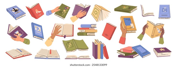 Libros abiertos y cerrados, pila y pila de publicaciones. Vector aprendiendo y obteniendo educación. Manos sosteniendo cuadernos o literatura. Estudiar y mejorar las habilidades. Libros de texto para disciplinas que cubren