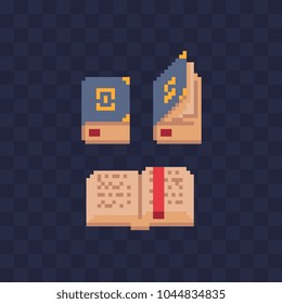 Open And Closed Books With A Red Ribbon Pixel Art Icon. Element Design For Mobile App, Web, Sticker, Book Shop Logo. Game Assets 8-bit Sprite. Isolated Vector Illustration.