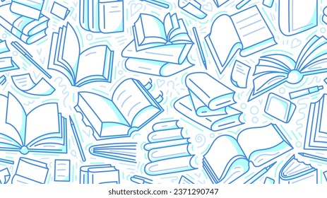 Open and closed books, seamless print. Line graphic illustration on white background. Library, lesson at school, lecture for reading and study