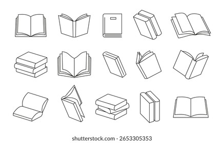 Open and closed books, stacks and piles of textbooks side and front views. Vector reading publications and encyclopedias. Studying and education process. Personal diaries in monochrome style