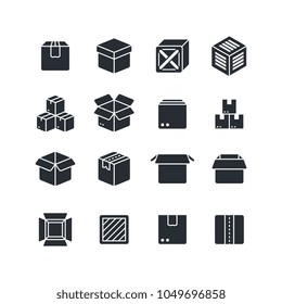 Open and closed box black silhouette icons isolated. Package vector symbols. Box open and package cardboard for gift, empty container illustration