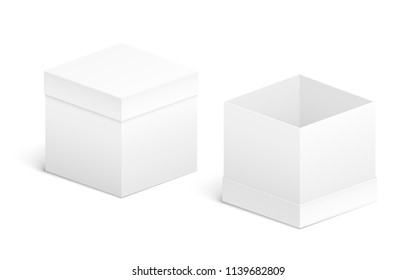 Open and closed box design. White objects on white background