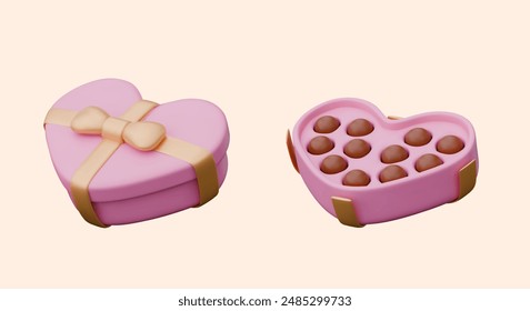Caja abierta y cerrada con bombones redondos. Embalaje en forma de corazón rosa festivo