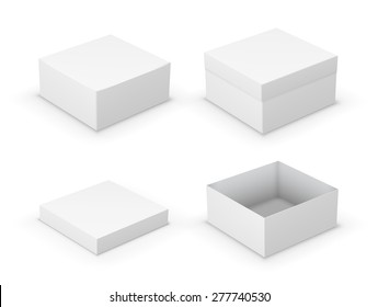 Open and closed boxes design collection. White objects on white background, vector illustration