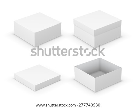 Open and closed boxes design collection. White objects on white background, vector illustration