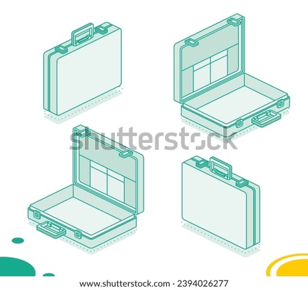Open and closed briefcase with handle on white background. Isolated isometric object. Vector illustration.