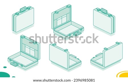 Open and closed briefcase with handle on white background. Isolated isometric object. Vector illustration.