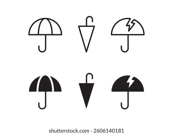 Open closed broke umbrella icon set. protection. security icon button, vector, sign, symbol, logo, illustration, editable stroke, flat design style isolated on white