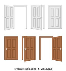 Open and closed brown and white wooden door concept. Realistic vector Illustration of opened and close classic wooden doors isolated on white background.