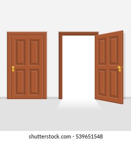 Open and closed brown wooden doors vector illustration. One door is closed and the other one is opening up to new opportunities. Realistic style.