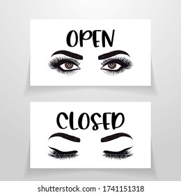 Open and closed - Business door sign. Vector illustration with woman eyes. Eyelash extension logo. Makeup vector illustration in a modern style