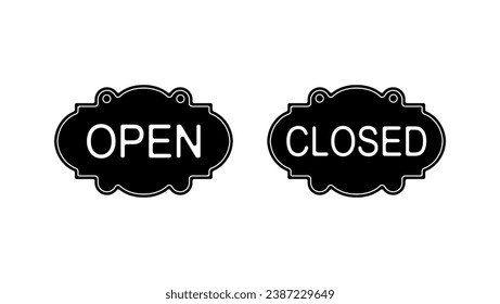 Open and Closed Business Sign, black isolated silhouettes set