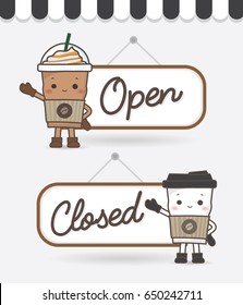 Open And Closed Cafe Coffee Shop Door Sign. Calligraphy. Vector Isolated Illustration EPS10. 