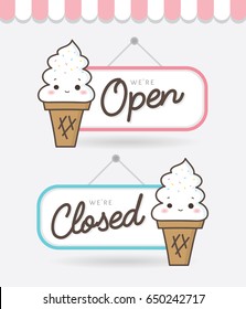 Open and Closed Cafe Ice-cream shop Door sign. Calligraphy. Vector isolated illustration EPS10. 