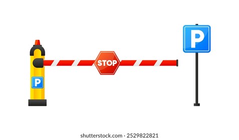 Offene und geschlossene Autoabsperrungen mit Stopp- und Parkschildern. Automatisches Autoabsperrtor. Parkplatz-Zahlungsmaschine mit Barriere. Vektorgrafik.