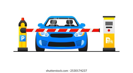 Open and Closed Car Barriers with stop and park signs. Automatic car barrier gate. Parking payment machine with barrier. Vector illustration.