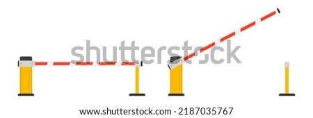 Open and closed car barriers with stop and park signs. Automatic car barrier gate. Construction barricade, road block. Access control concept. Parking payment machine with barrier. Vector illustration Stockfoto © 