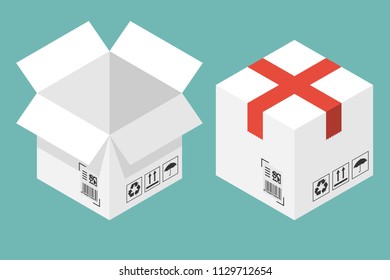 Open and closed cardboard box. A set of paper boxes in isometric style. For elements and delivery objects. Carton container. Vector illustration flat 3d design. Isolated on white background.