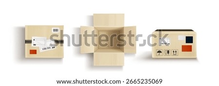 Open and closed cardboard box top view with flaps extended and empty inside for shipping or storage purposes. Brown packages with labels, barcodes and handling icons for e-commerce or delivery service