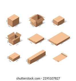 Open and closed cardboard boxes for delivery of different sizes with the indication of the size in centimeters, a set of layouts of cardboard boxes in isomeria