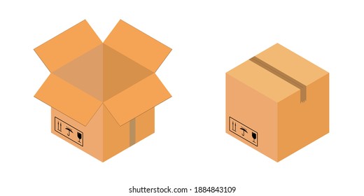 Open and closed cardboard boxes with a tape with road signs. Isolated vector on white background. Design for delivery service. Vector graphics