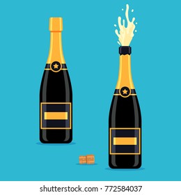Open and closed champagne bottles. The concept of a holiday. Vector illustration in vector style isolated on blue background for the design of a festive web banner, poster or greeting card