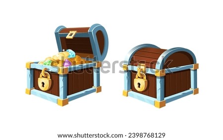Open and closed chest. Open chest  with coins, crystals, gems and  beads.Vector cartoon illustration.