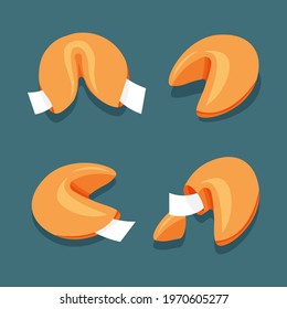 Open and closed Chinese fortune cookies in trendy flat style. Vector illustration isolated on dark background.