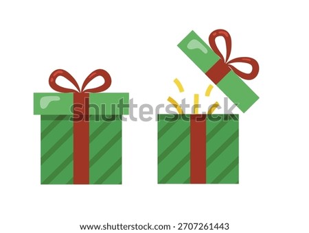 Open and closed Christmas gift boxes set. Holiday surprise reveal vector illustration. Flat design presents for unboxing concept.