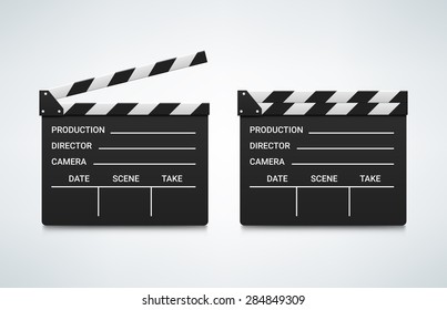 Open and closed clapper board. Vector illustration. Realistic vector. Movie clapper board. Movie logo. Clapper icon. Movie best icon. Movie best logo. Movie vector icon. Video logo. Clapper best logo