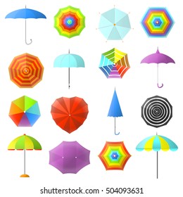 Open and closed colorful umbrellas vector set: protection for rain weather, parasol. Icons of seasonal fashion accessory. Flat design illustration isolated on white background.